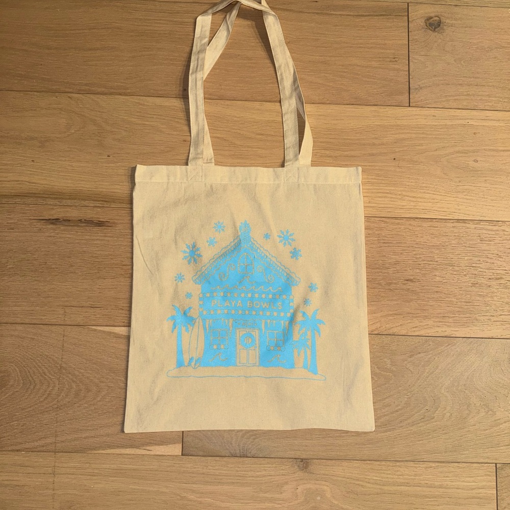 Beige Playa Bowls Tote Bag with Blue Graphic